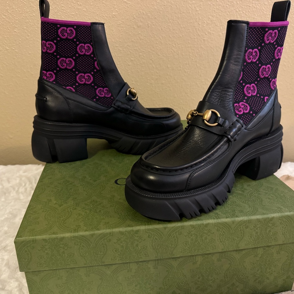 Gucci Women's Black GG Supreme Horsebit Chunky Boots